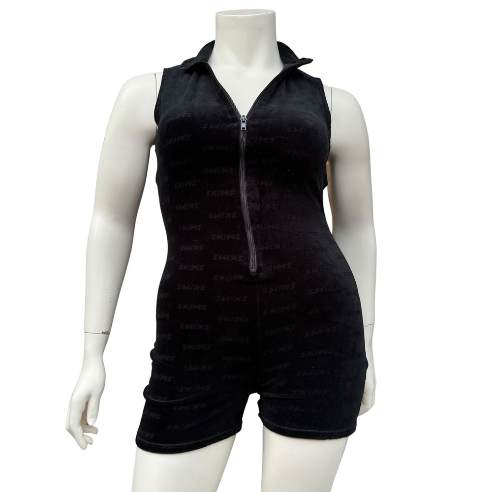 SKIMS Monogram Velour Romper Onyx Black Zip Front Y2K Loungewear Baddie Cyber XL